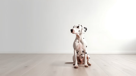 Dalmatian dog sitting on the floor in front of a white wallの素材