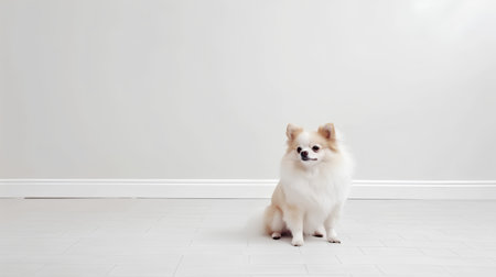 Pomeranian dog sitting on floor in white room with copy spaceの素材