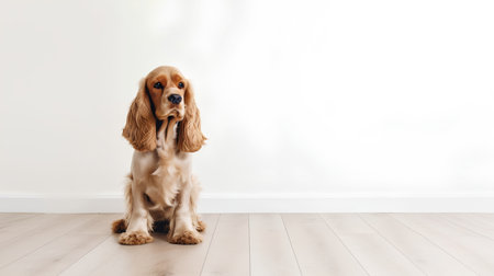 Cute English Cocker Spaniel in front of a white wallの素材