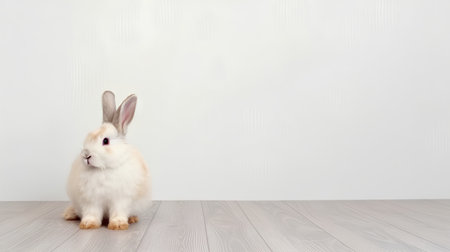 Rabbit on a wooden floor against a white wall with copy spaceの素材