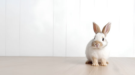 Rabbit on wooden floor in front of white wall with copy spaceの素材