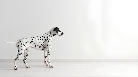 Dalmatian dog standing on the floor against a white wallの素材
