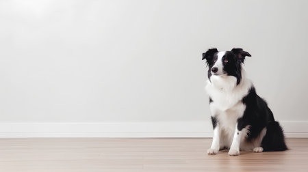 Border Collie sitting on the floor in front of a white wallの素材