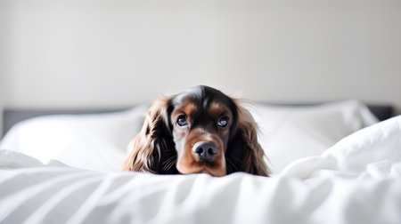 Cavalier King Charles Spaniel dog lying on the bed.の素材
