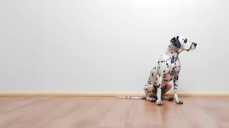 Dalmatian dog sitting on a wooden floor in a roomの素材