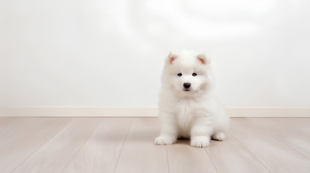 Cute Samoyed puppy sitting on the floor in the roomの素材