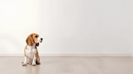 Beagle dog sitting on the floor in front of a white wallの素材