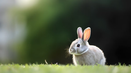Cute grey rabbit on green grass in sunny day. Spring season.の素材