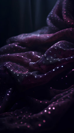 Purple fabric with drops of dew on a black background.の素材