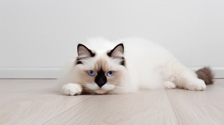 beautiful ragdoll cat with blue eyes lying on the floorの素材