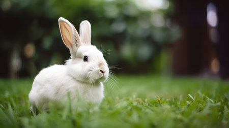 White rabbit on green grass in the garden, shallow depth of fieldの素材