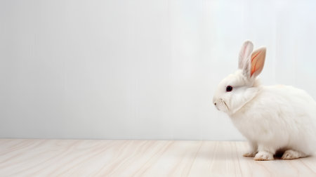 White rabbit sitting on a wooden floor in front of a white wallの素材