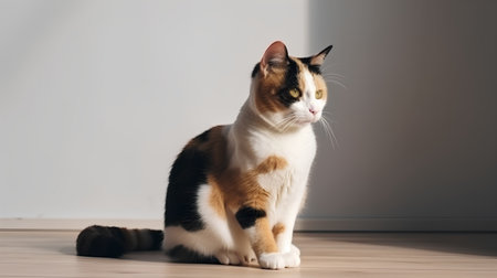 Tricolor cat sitting on the floor in a room with white wallの素材