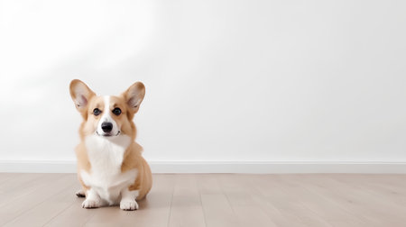 Welsh corgi dog sitting on the floor and looking at the cameraの素材