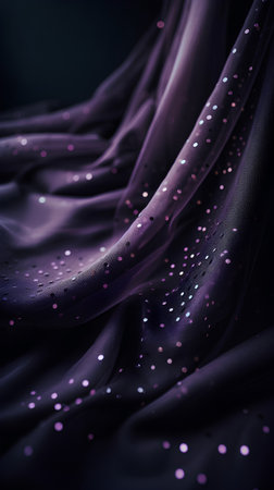 closeup of a beautiful crumpled purple satin fabric with shiny sequinsの素材