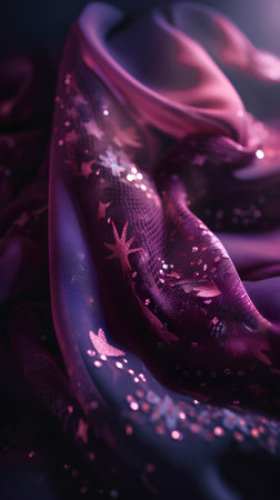 Lilac fabric with sequins in the shape of a snowflake on a dark backgroundの素材