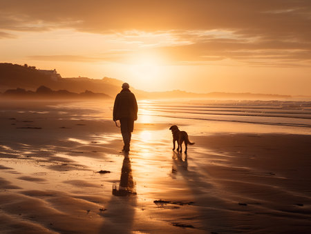 Man walking his dog on a sandy beach at sunset, Cornwall, UKの素材