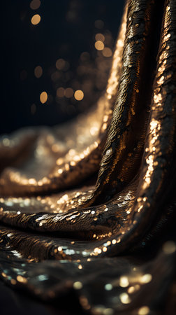 Texture, background, pattern. The fabric is decorated with gold sequins.の素材