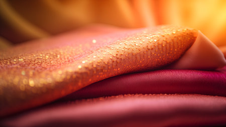 Close-up of red and yellow fabric with water droplets.の素材