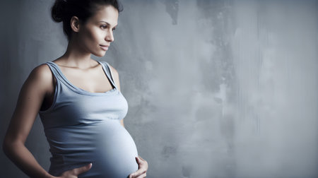 Portrait of beautiful pregnant woman on grey background. Pregnancy concept.の素材
