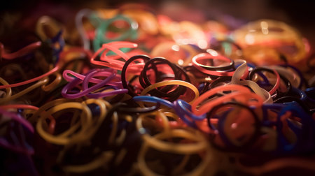 Colorful rubber bands on a dark background, shallow depth of fieldの素材