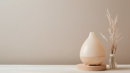 Ceramic vase on a wooden stand on a beige backgroundの素材