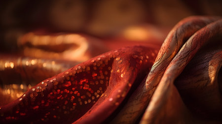 Texture, background, pattern. Silk fabric of red color with a pattern of gold sequins. Photography Studioの素材