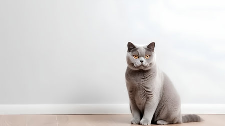 British shorthair cat sitting on the floor in front of a white wallの素材