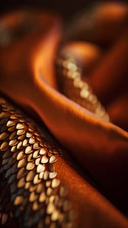 Background texture, pattern. The fabric is brown with a golden pattern. It is photographed in the studio.の素材
