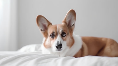 Cute welsh corgi pembroke lying on bedの素材