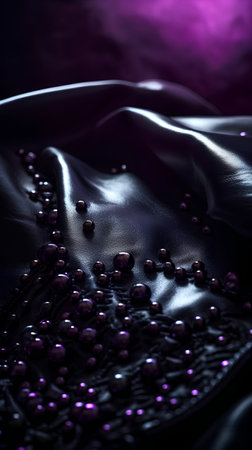 Abstract background with black satin fabric and purple beads. Selective focus.の素材