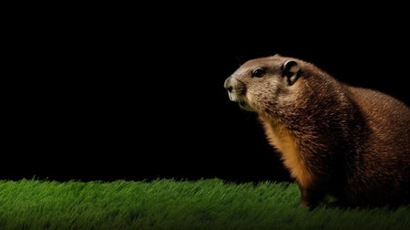 European marmot on grass isolated on black background with copyspaceの素材