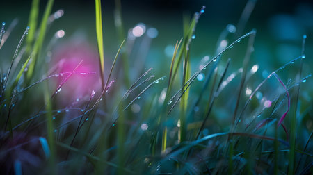 Morning dew on the grass in the forest. Shallow depth of field.の素材