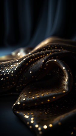 silk fabric with gold sequins on a dark background, close-upの素材