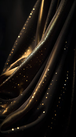 Luxury black satin fabric with golden sparkles close upの素材