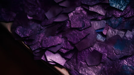 Close-up of violet and blue sequins in a box.の素材