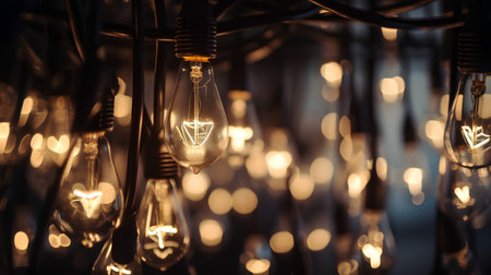 Vintage incandescent Edison light bulbs glowing in the dark.の素材