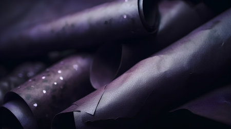 Close up of purple leather rolls. Selective focus. Abstract background.の素材