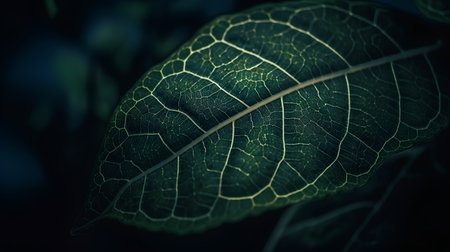 Close up of a green leaf with veins in the morning light.の素材