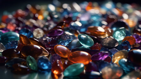 Colorful gems on a dark background. Shallow depth of field.の素材