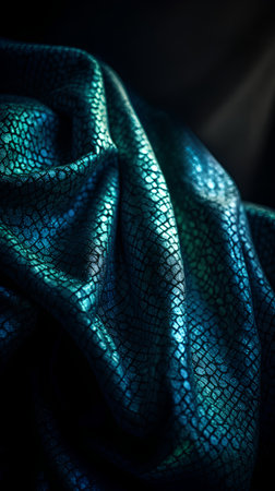Texture, background, pattern. The fabric is transparent, turquoise, green. It has a brilliant shine and sheen.の素材