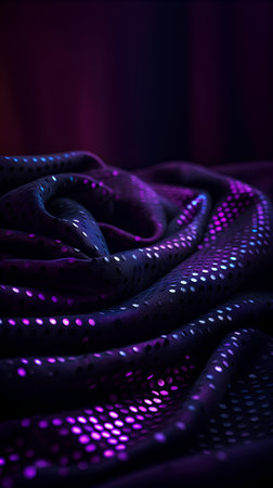 Texture, background, pattern. Cloth is dark blue, with a purple pattern. This is a photograph of a fabric or material that is illuminated by neon light.の素材