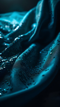 close up of blue fabric with small drops of water on the fabricの素材