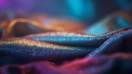 Texture, background, pattern. Silk fabric is transparent, blue, red, yellow, purple. It is perfect for your design, accents, wallpapers, posters and postcards.の素材