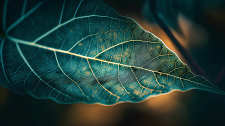 Close up of a green leaf in the morning light. Toned.の素材