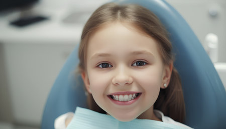 Portrait of smiling little girl in dental chair at dentists officeの素材