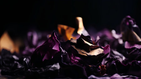 Dried rose petals on a black background. Shallow depth of field.の素材