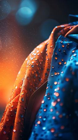 Close-up of a colorful fabric with drops of water on itの素材
