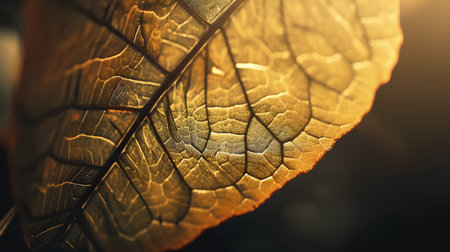 Close-up of a dry leaf with sunbeams in the backgroundの素材