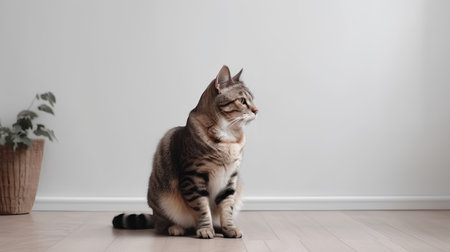 Beautiful tabby cat sitting on floor in room. Space for textの素材